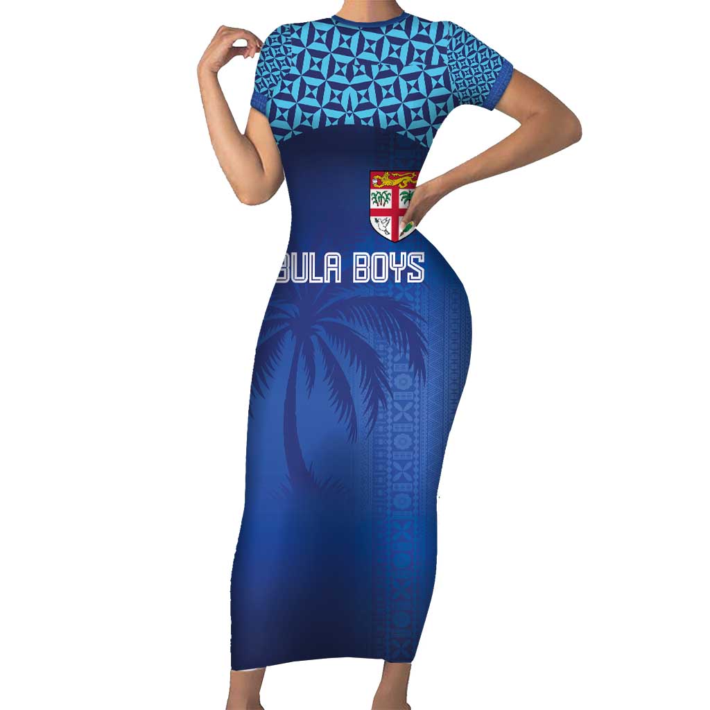 Custom Fiji Football-Towards World Cup 2026 Family Matching Short Sleeve Bodycon Dress and Hawaiian Shirt LT03 Mom's Dress Blue - Polynesian Pride