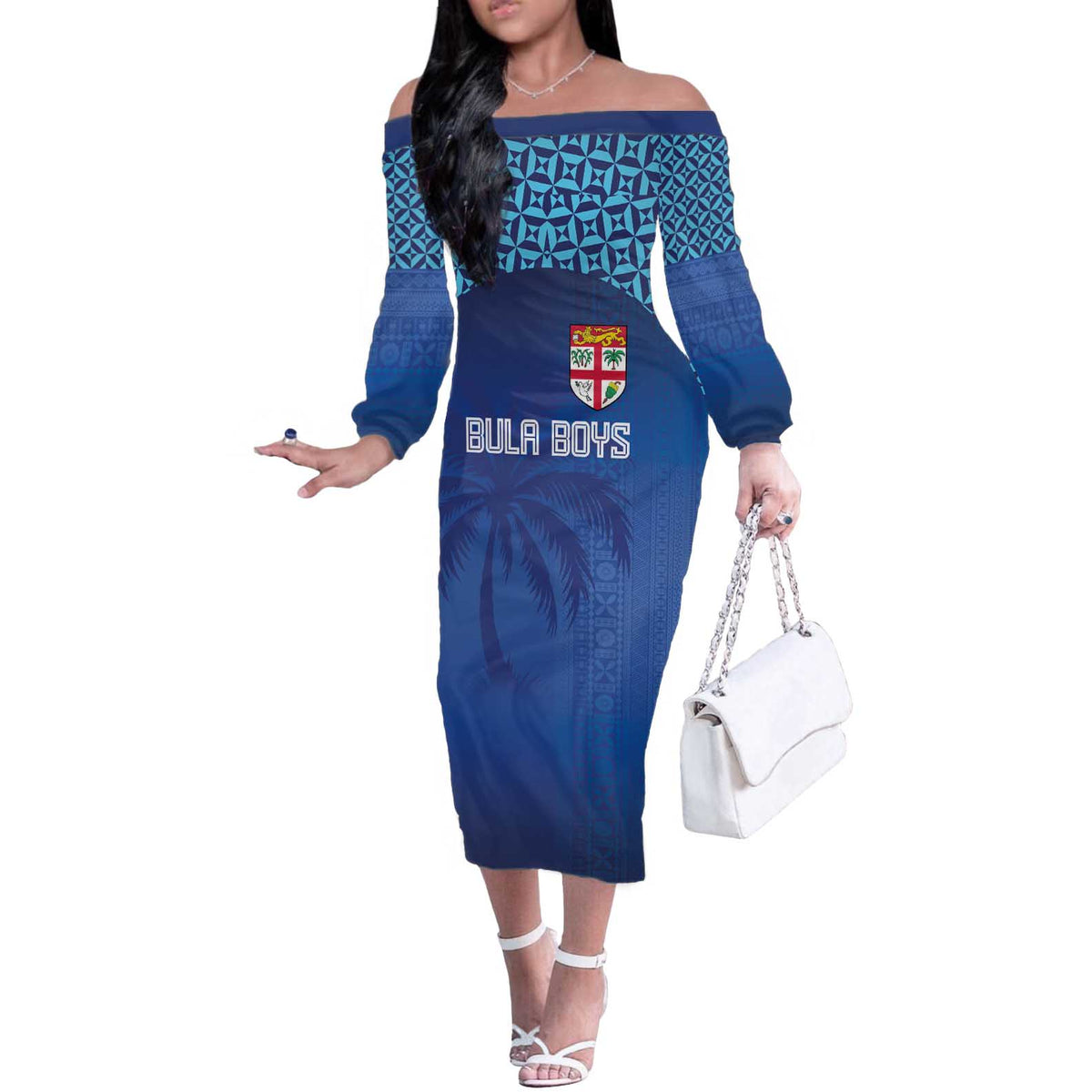 Custom Fiji Football-Towards World Cup 2026 Off The Shoulder Long Sleeve Dress LT03 Women Blue - Polynesian Pride