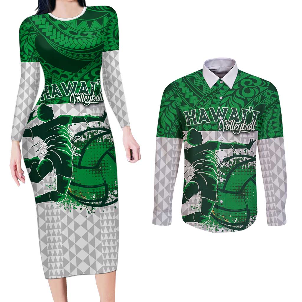 Custom Hawaii Volleyball-Kakau Motif Green Color Couples Matching Long Sleeve Bodycon Dress and Long Sleeve Button Shirt LT03 Green - Polynesian Pride