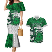 Custom Hawaii Volleyball-Kakau Motif Green Color Couples Matching Mermaid Dress and Hawaiian Shirt LT03 Green - Polynesian Pride
