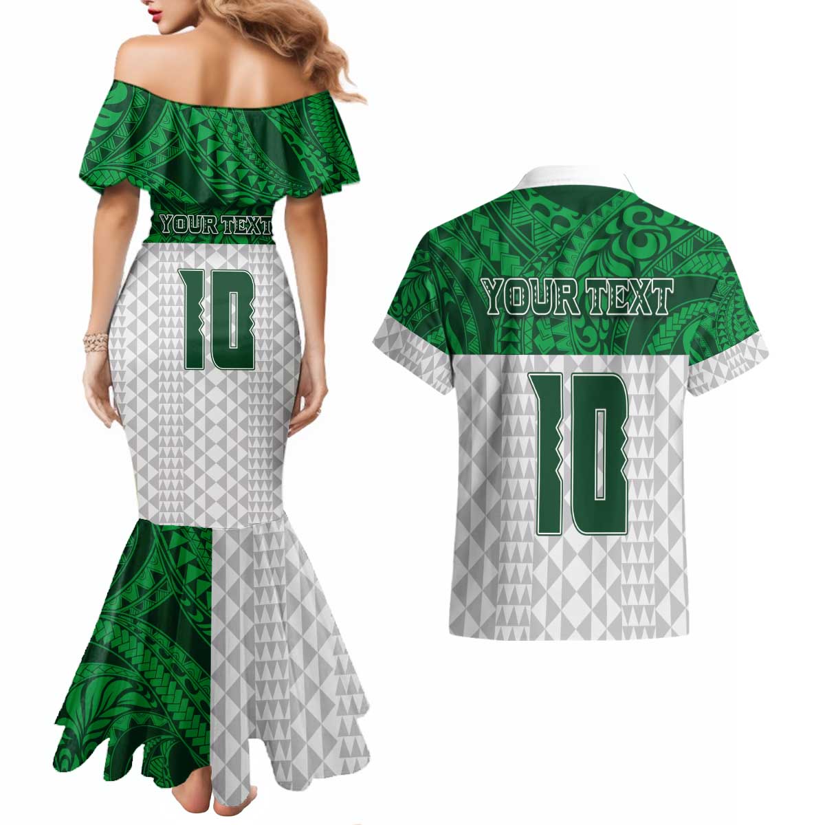 Custom Hawaii Volleyball-Kakau Motif Green Color Couples Matching Mermaid Dress and Hawaiian Shirt LT03 - Polynesian Pride