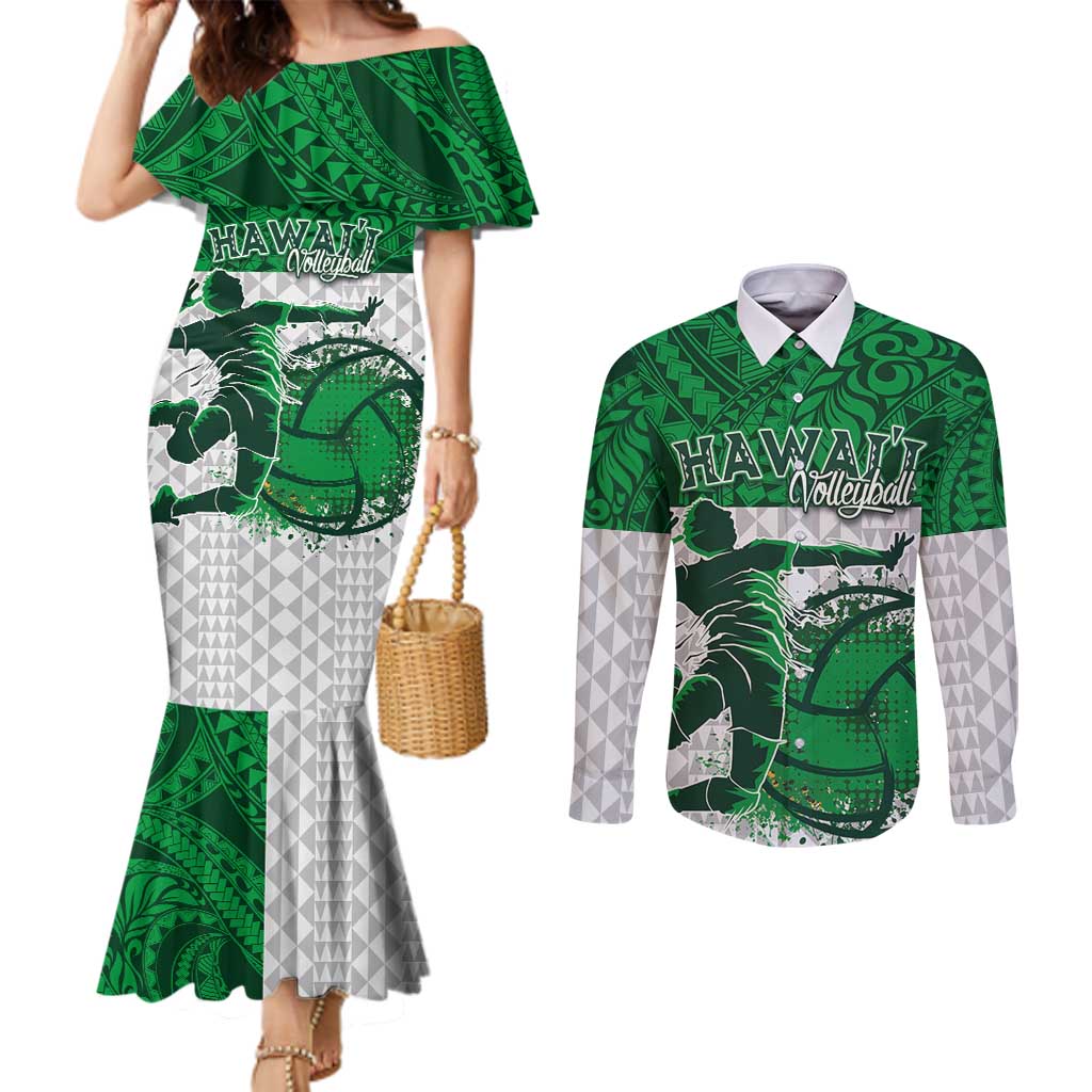Custom Hawaii Volleyball-Kakau Motif Green Color Couples Matching Mermaid Dress and Long Sleeve Button Shirt LT03 Green - Polynesian Pride