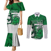 Custom Hawaii Volleyball-Kakau Motif Green Color Couples Matching Mermaid Dress and Long Sleeve Button Shirt LT03 Green - Polynesian Pride