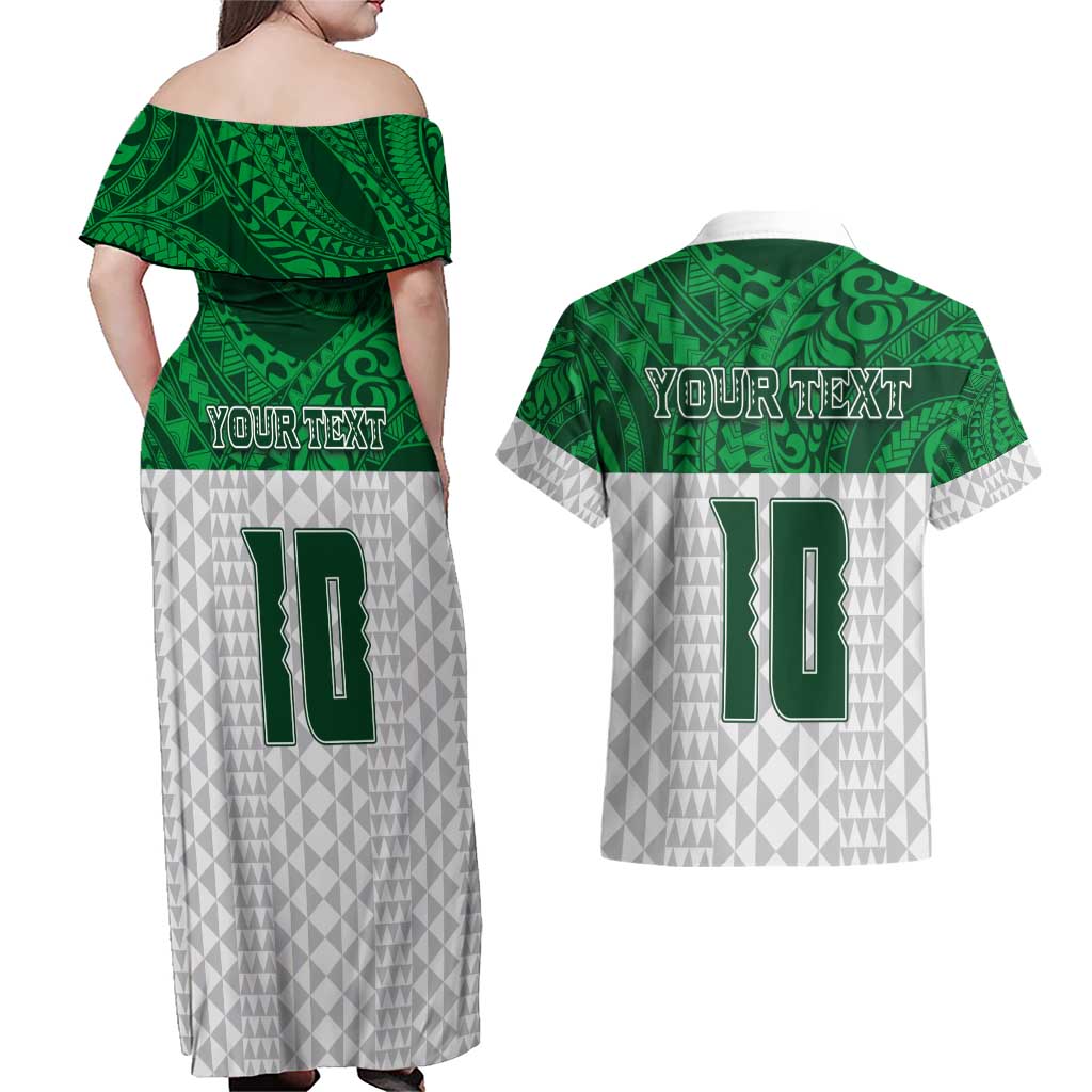 Custom Hawaii Volleyball-Kakau Motif Green Color Couples Matching Off Shoulder Maxi Dress and Hawaiian Shirt LT03 - Polynesian Pride