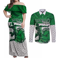 Custom Hawaii Volleyball-Kakau Motif Green Color Couples Matching Off Shoulder Maxi Dress and Long Sleeve Button Shirt LT03 Green - Polynesian Pride