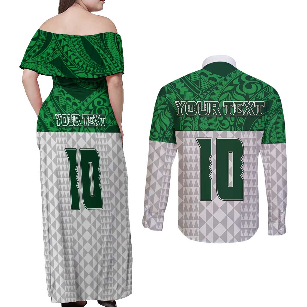 Custom Hawaii Volleyball-Kakau Motif Green Color Couples Matching Off Shoulder Maxi Dress and Long Sleeve Button Shirt LT03 - Polynesian Pride