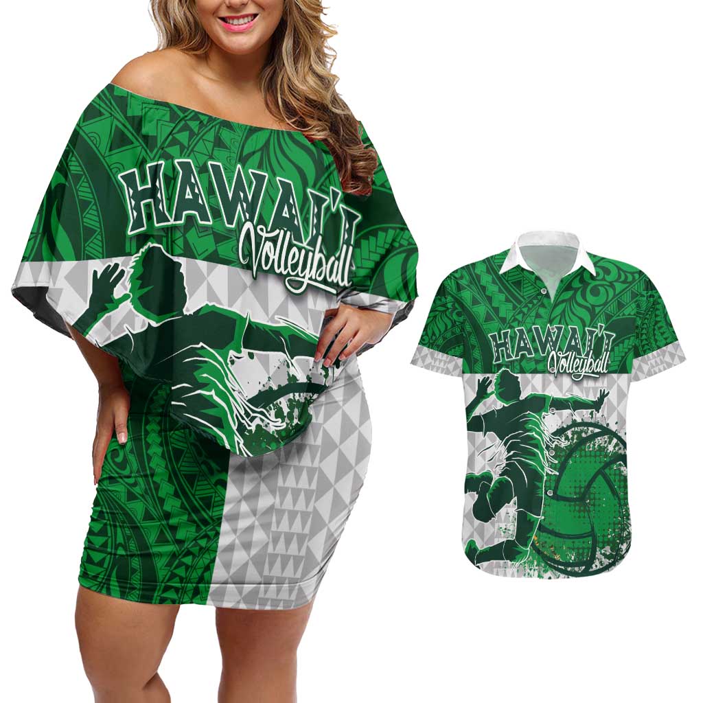Custom Hawaii Volleyball-Kakau Motif Green Color Couples Matching Off Shoulder Short Dress and Hawaiian Shirt LT03 Green - Polynesian Pride