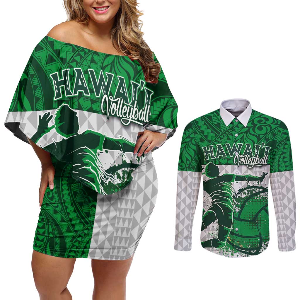 Custom Hawaii Volleyball-Kakau Motif Green Color Couples Matching Off Shoulder Short Dress and Long Sleeve Button Shirt LT03 Green - Polynesian Pride