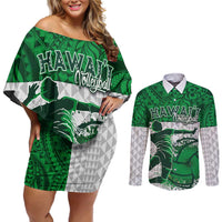 Custom Hawaii Volleyball-Kakau Motif Green Color Couples Matching Off Shoulder Short Dress and Long Sleeve Button Shirt LT03 Green - Polynesian Pride
