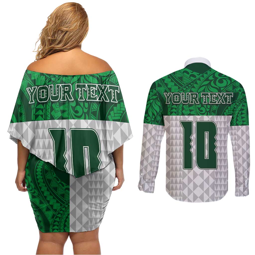Custom Hawaii Volleyball-Kakau Motif Green Color Couples Matching Off Shoulder Short Dress and Long Sleeve Button Shirt LT03 - Polynesian Pride