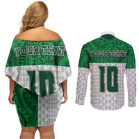 Custom Hawaii Volleyball-Kakau Motif Green Color Couples Matching Off Shoulder Short Dress and Long Sleeve Button Shirt LT03 - Polynesian Pride