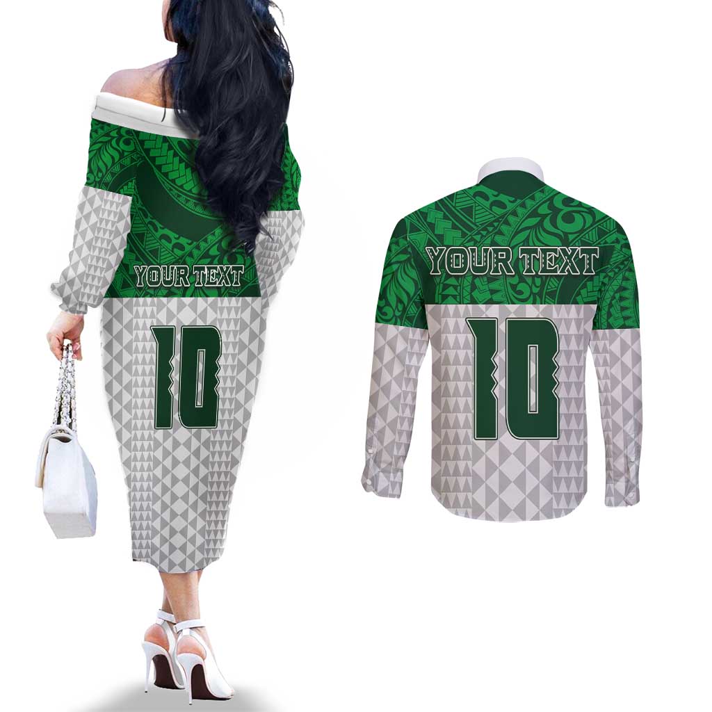 Custom Hawaii Volleyball-Kakau Motif Green Color Couples Matching Off The Shoulder Long Sleeve Dress and Long Sleeve Button Shirt LT03 - Polynesian Pride