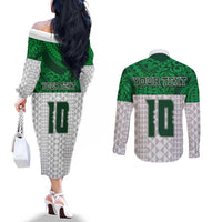 Custom Hawaii Volleyball-Kakau Motif Green Color Couples Matching Off The Shoulder Long Sleeve Dress and Long Sleeve Button Shirt LT03 - Polynesian Pride