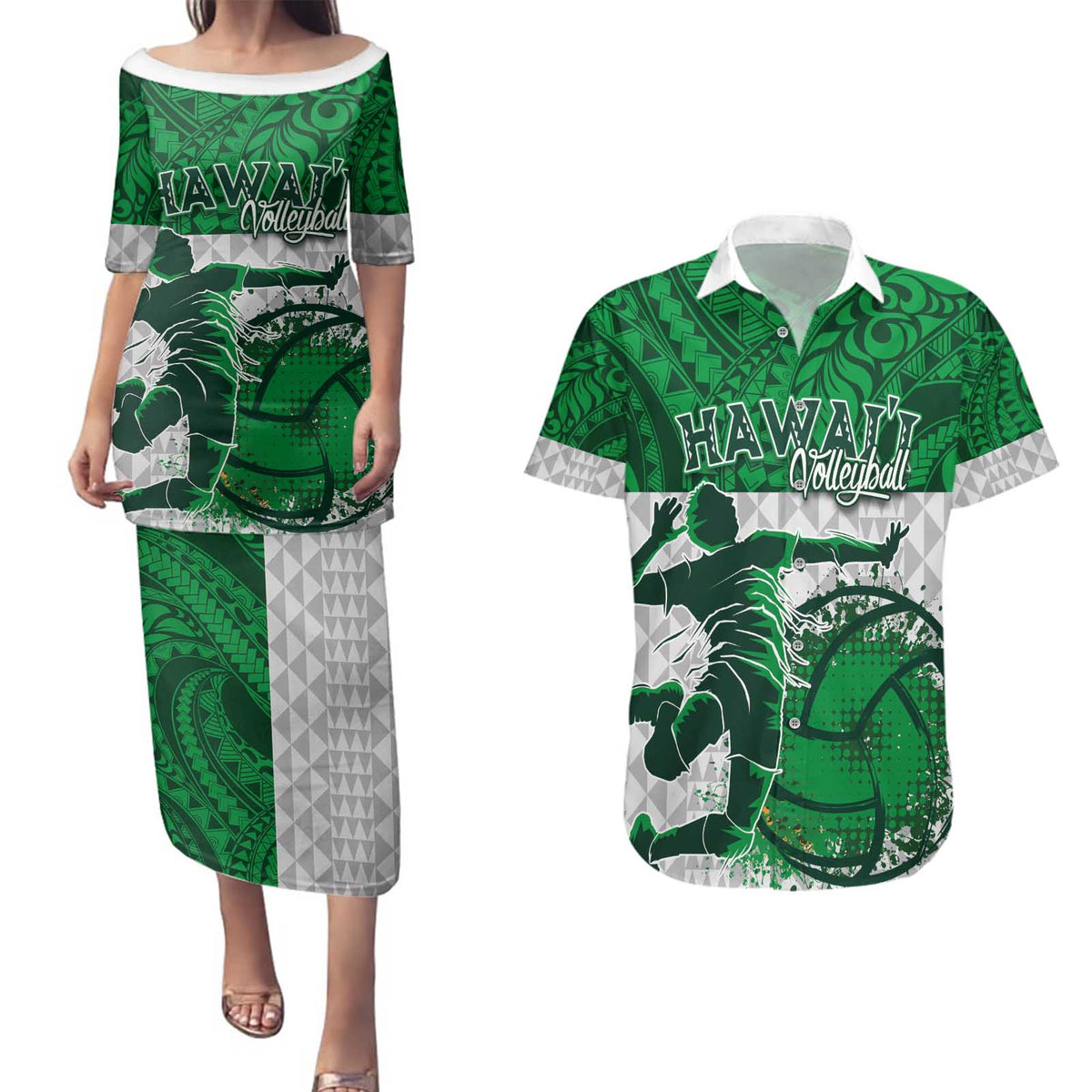 Custom Hawaii Volleyball-Kakau Motif Green Color Couples Matching Puletasi and Hawaiian Shirt LT03 Green - Polynesian Pride