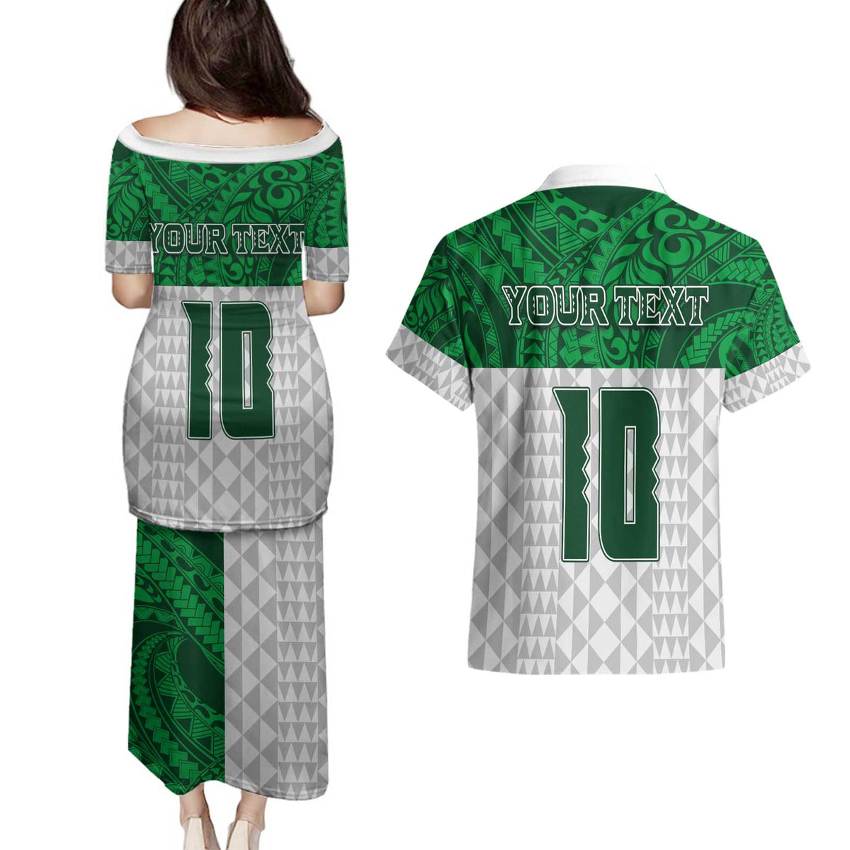 Custom Hawaii Volleyball-Kakau Motif Green Color Couples Matching Puletasi and Hawaiian Shirt LT03 - Polynesian Pride