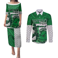 Custom Hawaii Volleyball-Kakau Motif Green Color Couples Matching Puletasi and Long Sleeve Button Shirt LT03 Green - Polynesian Pride