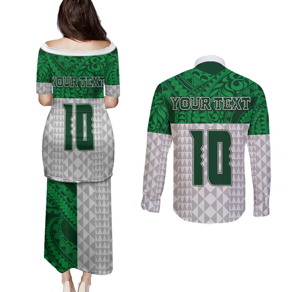 Custom Hawaii Volleyball-Kakau Motif Green Color Couples Matching Puletasi and Long Sleeve Button Shirt LT03 - Polynesian Pride