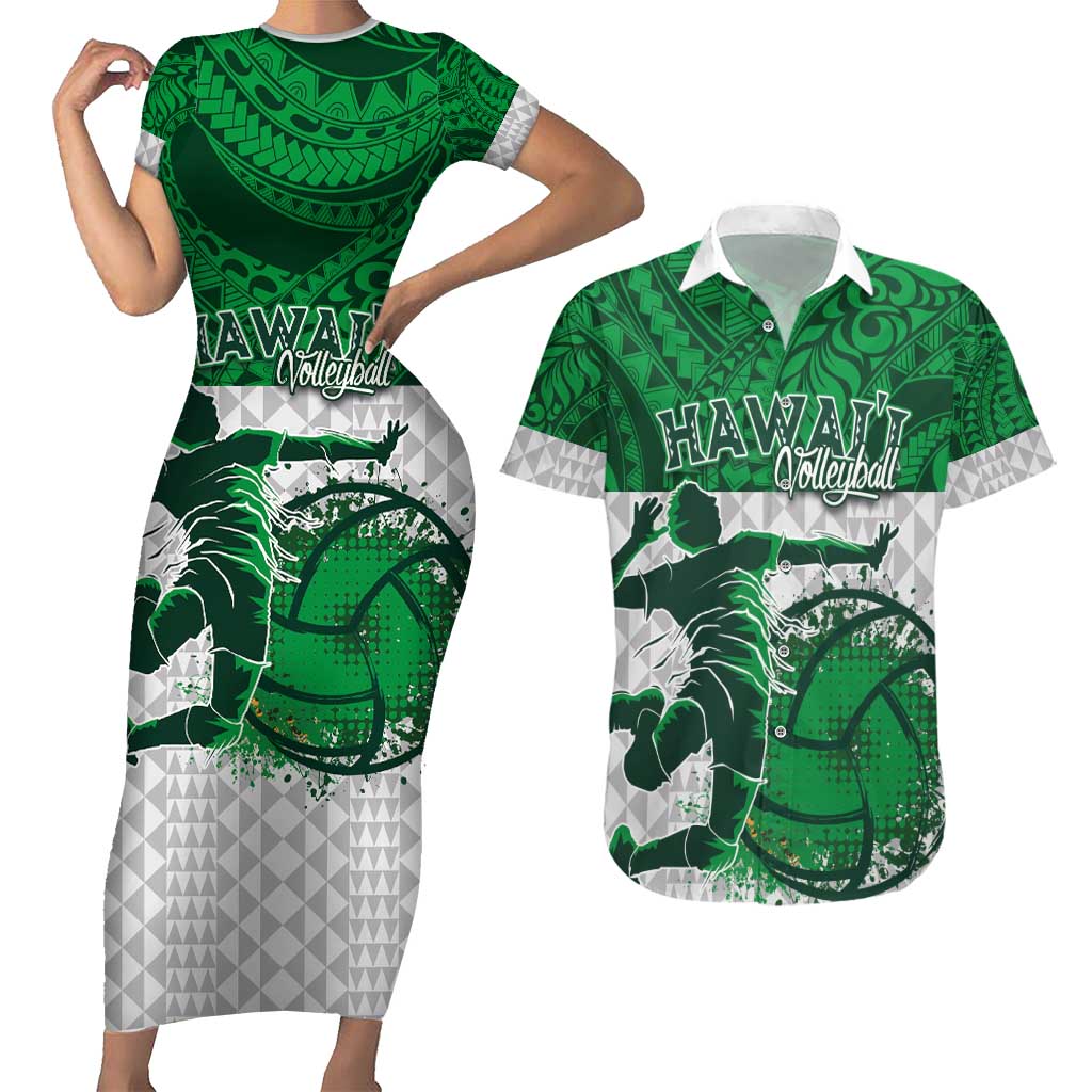 Custom Hawaii Volleyball-Kakau Motif Green Color Couples Matching Short Sleeve Bodycon Dress and Hawaiian Shirt LT03 Green - Polynesian Pride