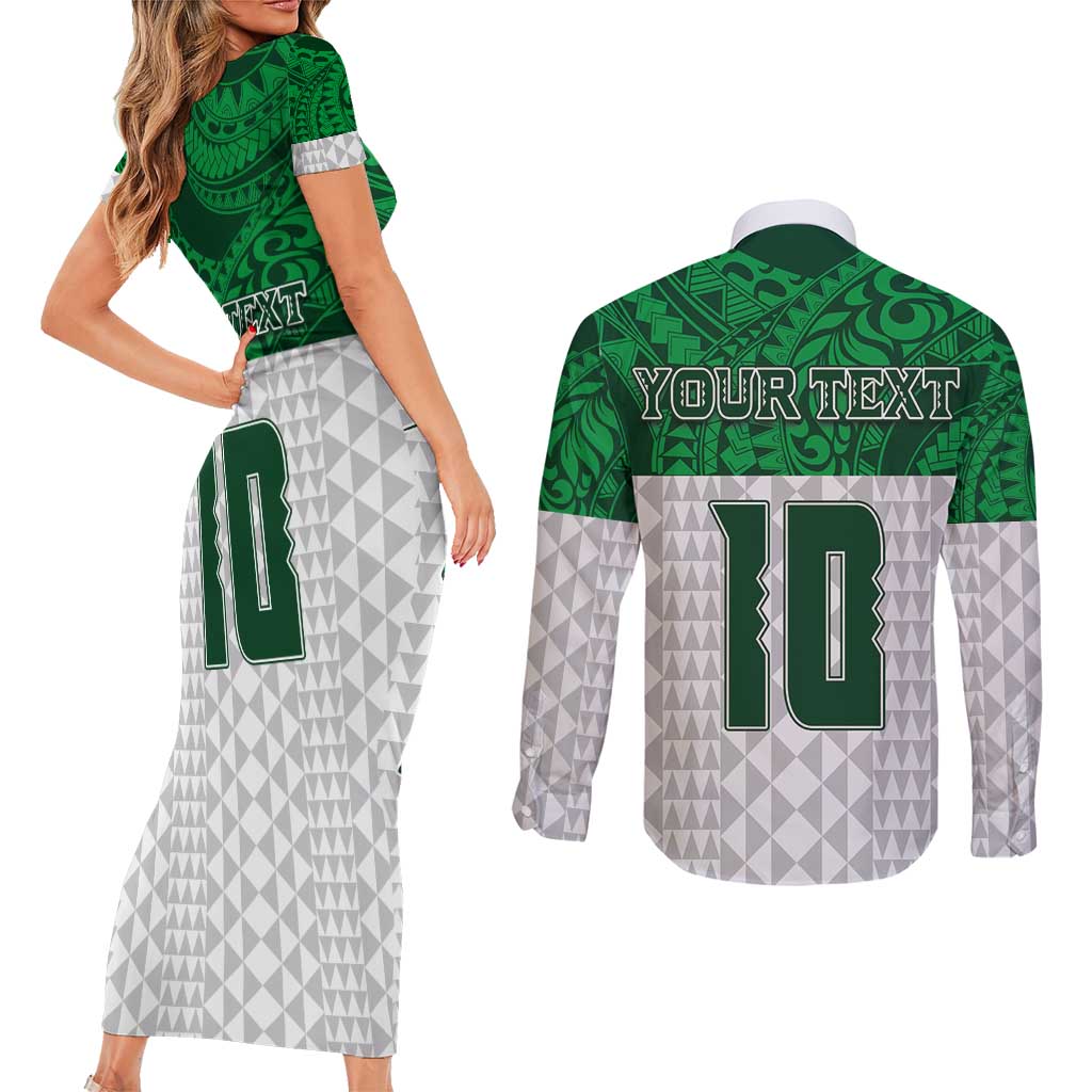 Custom Hawaii Volleyball-Kakau Motif Green Color Couples Matching Short Sleeve Bodycon Dress and Long Sleeve Button Shirt LT03 - Polynesian Pride