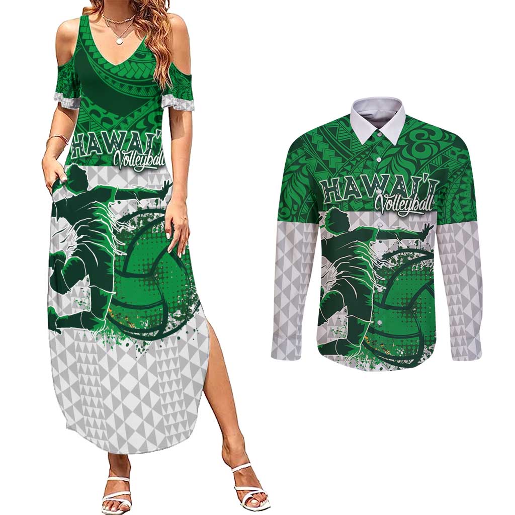 Custom Hawaii Volleyball-Kakau Motif Green Color Couples Matching Summer Maxi Dress and Long Sleeve Button Shirt LT03 Green - Polynesian Pride