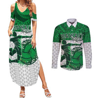 Custom Hawaii Volleyball-Kakau Motif Green Color Couples Matching Summer Maxi Dress and Long Sleeve Button Shirt LT03 Green - Polynesian Pride