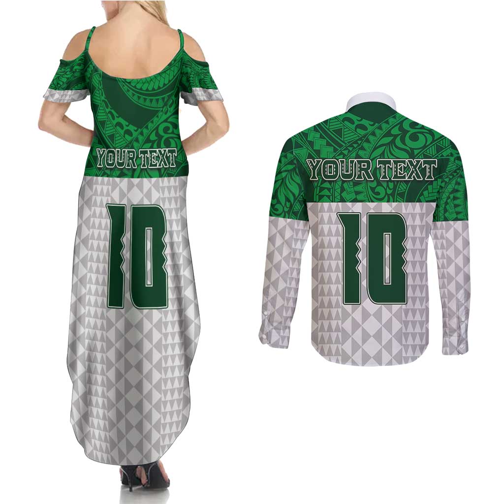 Custom Hawaii Volleyball-Kakau Motif Green Color Couples Matching Summer Maxi Dress and Long Sleeve Button Shirt LT03 - Polynesian Pride