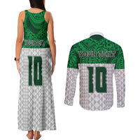 Custom Hawaii Volleyball-Kakau Motif Green Color Couples Matching Tank Maxi Dress and Long Sleeve Button Shirt LT03 - Polynesian Pride