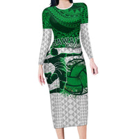 Custom Hawaii Volleyball-Kakau Motif Green Color Family Matching Long Sleeve Bodycon Dress and Hawaiian Shirt LT03 Mom's Dress Green - Polynesian Pride