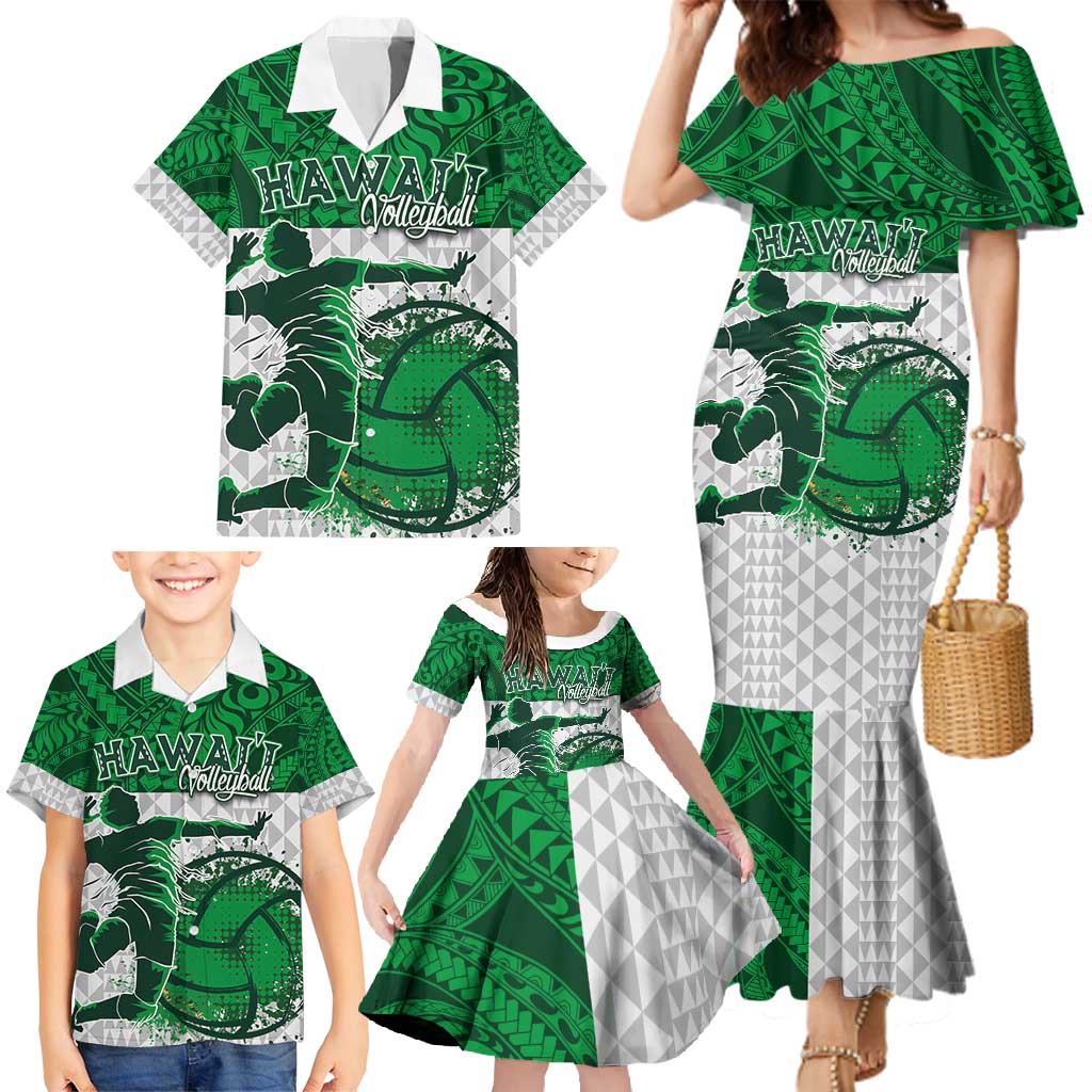 Custom Hawaii Volleyball-Kakau Motif Green Color Family Matching Mermaid Dress and Hawaiian Shirt LT03 - Polynesian Pride