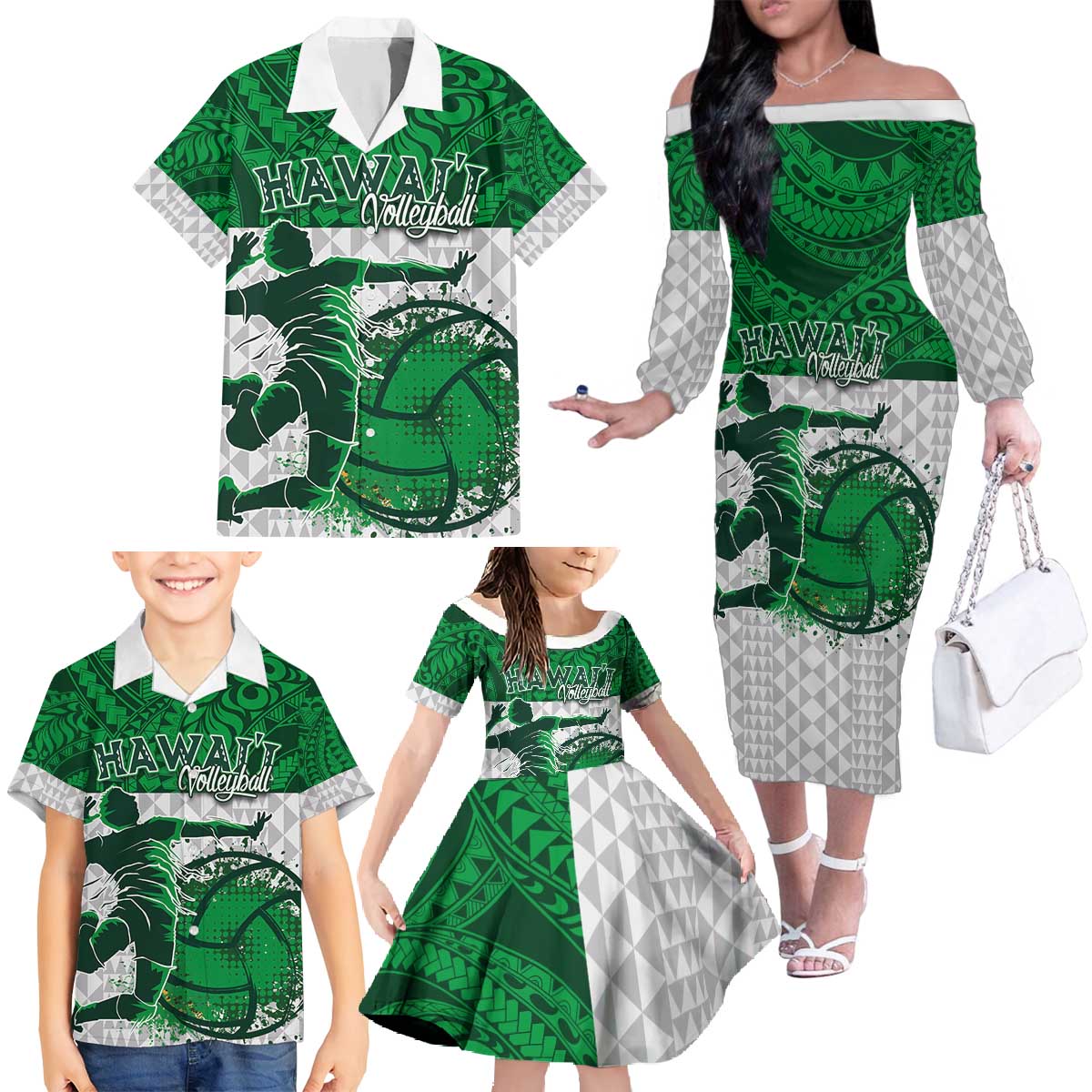 Custom Hawaii Volleyball-Kakau Motif Green Color Family Matching Off The Shoulder Long Sleeve Dress and Hawaiian Shirt LT03 - Polynesian Pride