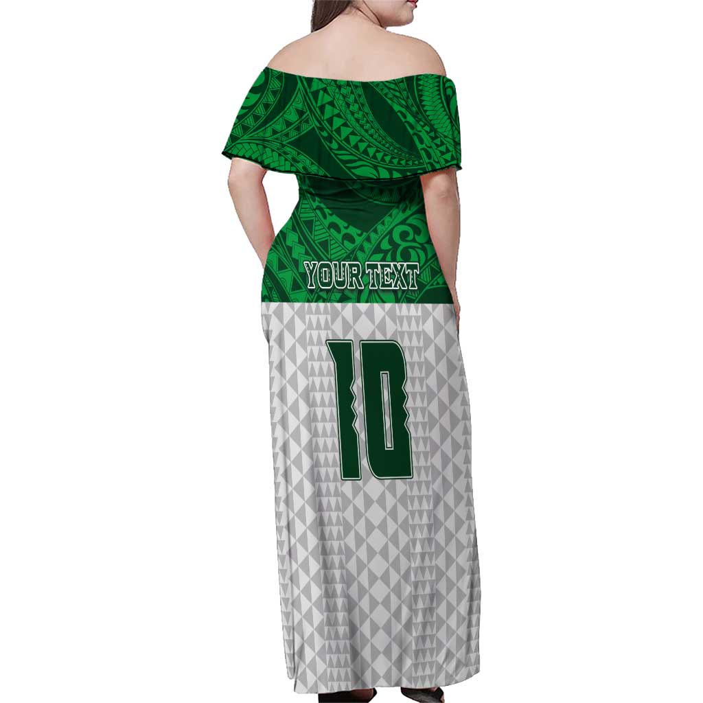 Custom Hawaii Volleyball-Kakau Motif Green Color Family Matching Off Shoulder Maxi Dress and Hawaiian Shirt LT03 - Polynesian Pride