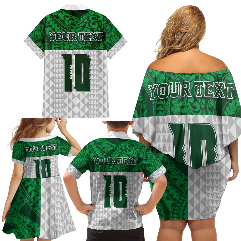 Custom Hawaii Volleyball-Kakau Motif Green Color Family Matching Off Shoulder Short Dress and Hawaiian Shirt LT03 - Polynesian Pride