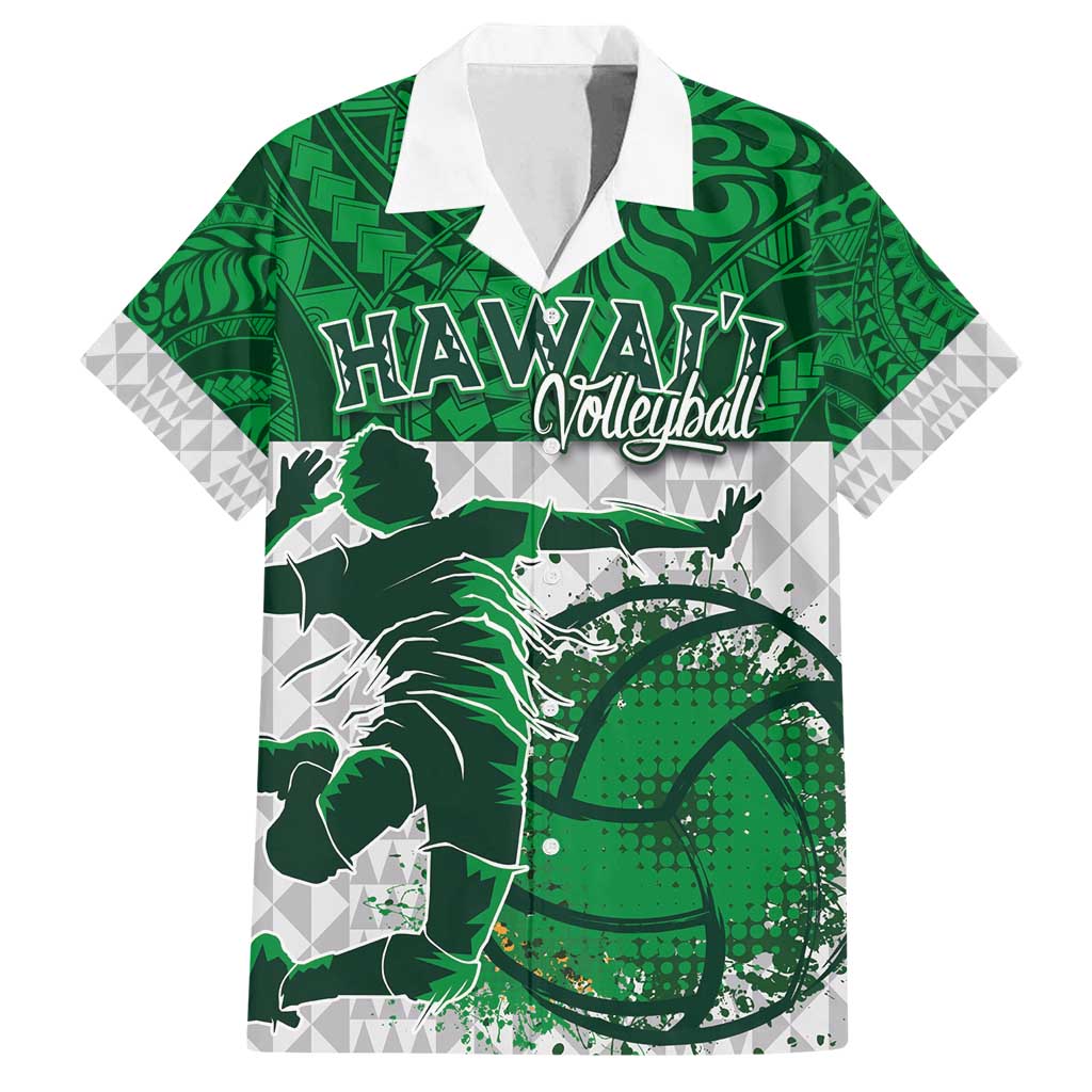 Custom Hawaii Volleyball-Kakau Motif Green Color Family Matching Off Shoulder Short Dress and Hawaiian Shirt LT03 Dad's Shirt - Short Sleeve Green - Polynesian Pride