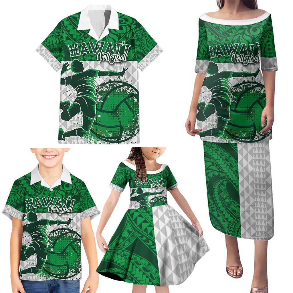 Custom Hawaii Volleyball-Kakau Motif Green Color Family Matching Puletasi and Hawaiian Shirt LT03 - Polynesian Pride