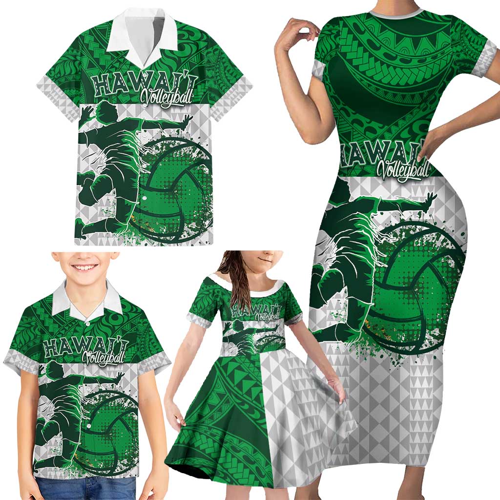 Custom Hawaii Volleyball-Kakau Motif Green Color Family Matching Short Sleeve Bodycon Dress and Hawaiian Shirt LT03 - Polynesian Pride