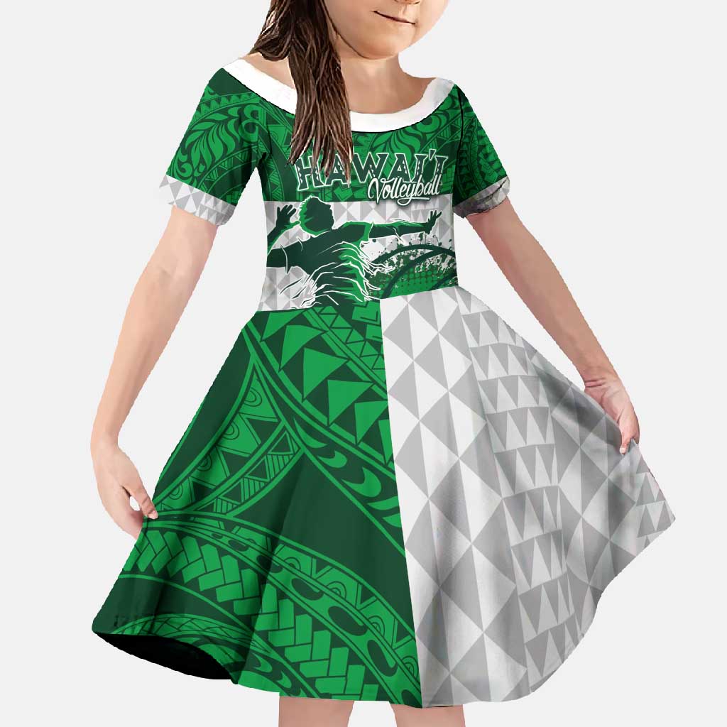 Custom Hawaii Volleyball-Kakau Motif Green Color Family Matching Summer Maxi Dress and Hawaiian Shirt LT03 Daughter's Dress Green - Polynesian Pride