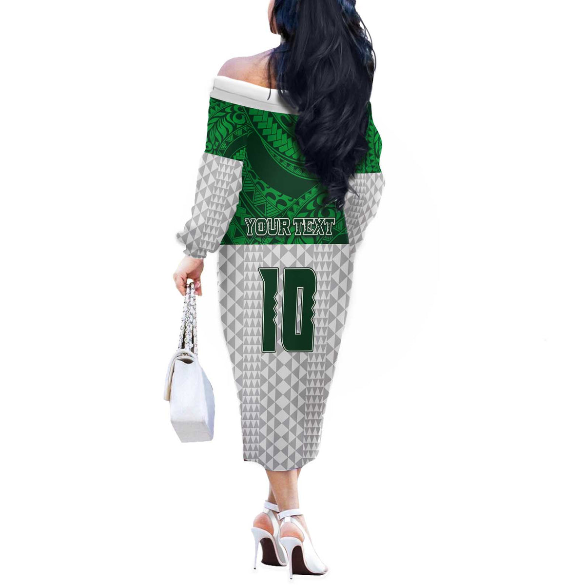 Custom Hawaii Volleyball-Kakau Motif Green Color Off The Shoulder Long Sleeve Dress LT03 - Polynesian Pride