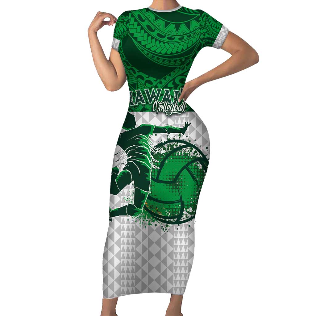 Custom Hawaii Volleyball-Kakau Motif Green Color Short Sleeve Bodycon Dress LT03 Long Dress Green - Polynesian Pride