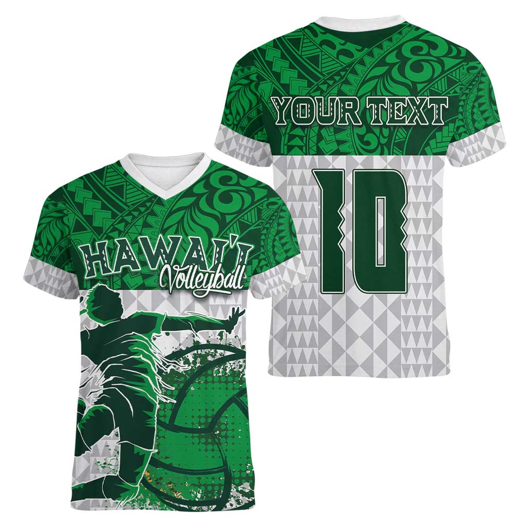 Custom Hawaii Volleyball-Kakau Motif Green Color Women V-Neck T-Shirt LT03 - Polynesian Pride