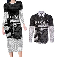 Custom Hawaii Volleyball-Kakau Motif Grayscale Color Couples Matching Long Sleeve Bodycon Dress and Long Sleeve Button Shirt LT03 Black - Polynesian Pride