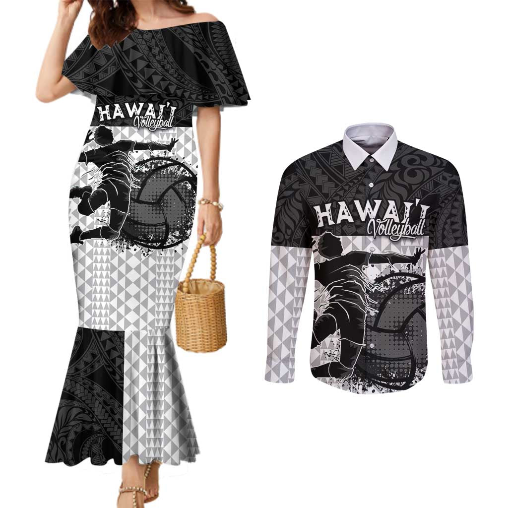Custom Hawaii Volleyball-Kakau Motif Grayscale Color Couples Matching Mermaid Dress and Long Sleeve Button Shirt LT03 Black - Polynesian Pride