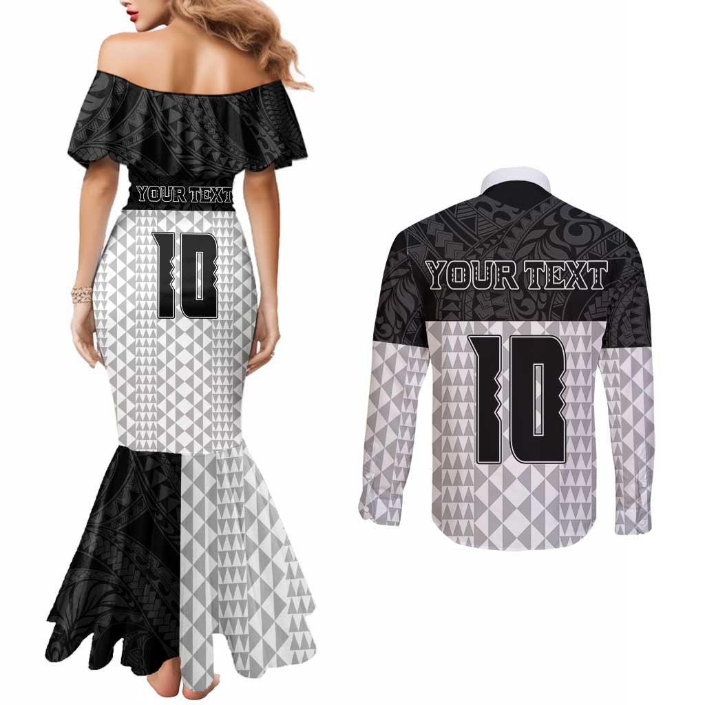 Custom Hawaii Volleyball-Kakau Motif Grayscale Color Couples Matching Mermaid Dress and Long Sleeve Button Shirt LT03 - Polynesian Pride