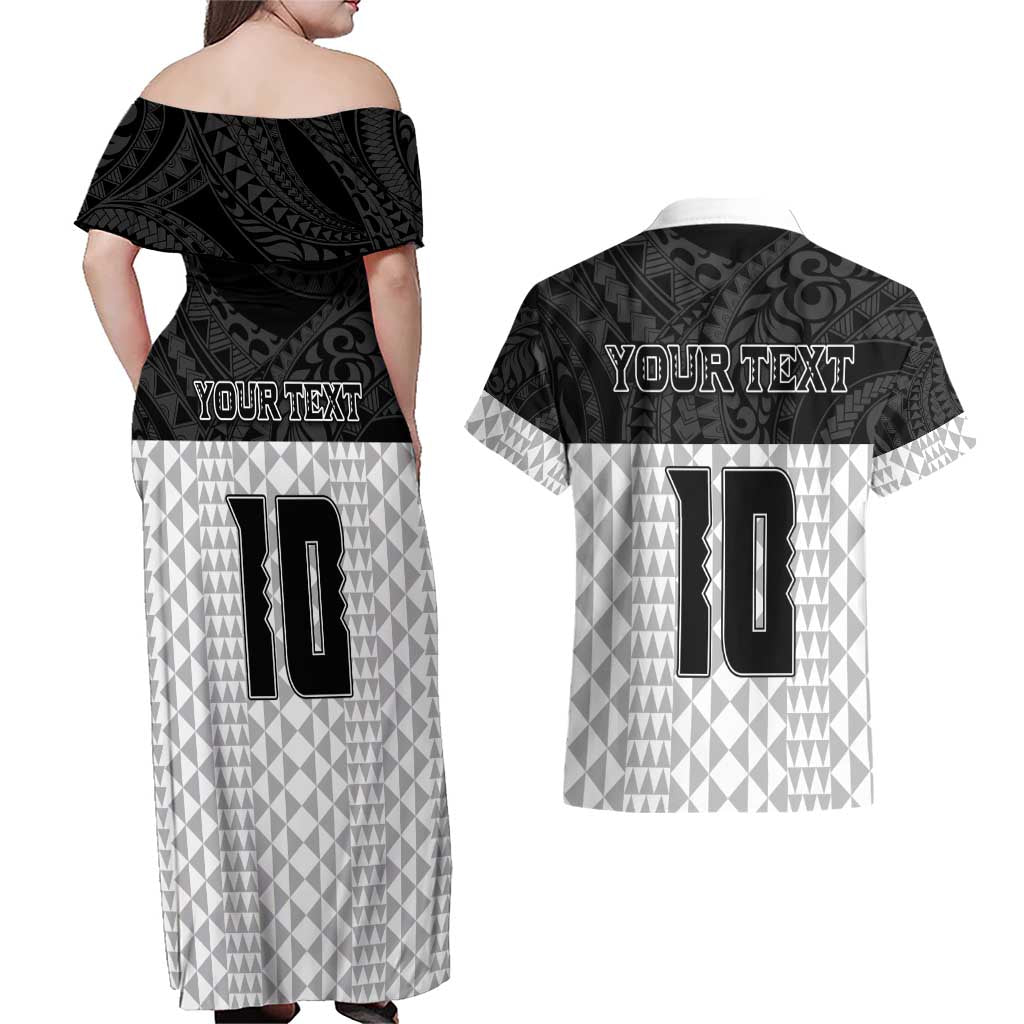 Custom Hawaii Volleyball-Kakau Motif Grayscale Color Couples Matching Off Shoulder Maxi Dress and Hawaiian Shirt LT03 - Polynesian Pride