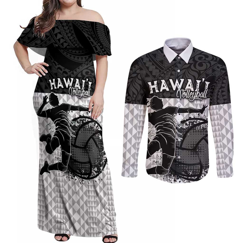 Custom Hawaii Volleyball-Kakau Motif Grayscale Color Couples Matching Off Shoulder Maxi Dress and Long Sleeve Button Shirt LT03 Black - Polynesian Pride