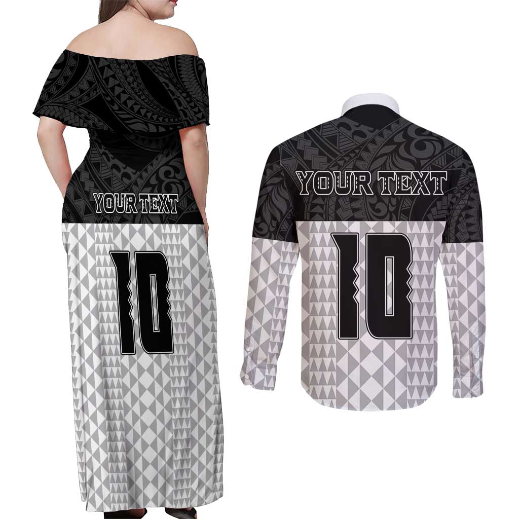 Custom Hawaii Volleyball-Kakau Motif Grayscale Color Couples Matching Off Shoulder Maxi Dress and Long Sleeve Button Shirt LT03 - Polynesian Pride