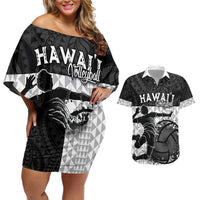 Custom Hawaii Volleyball-Kakau Motif Grayscale Color Couples Matching Off Shoulder Short Dress and Hawaiian Shirt LT03 Black - Polynesian Pride