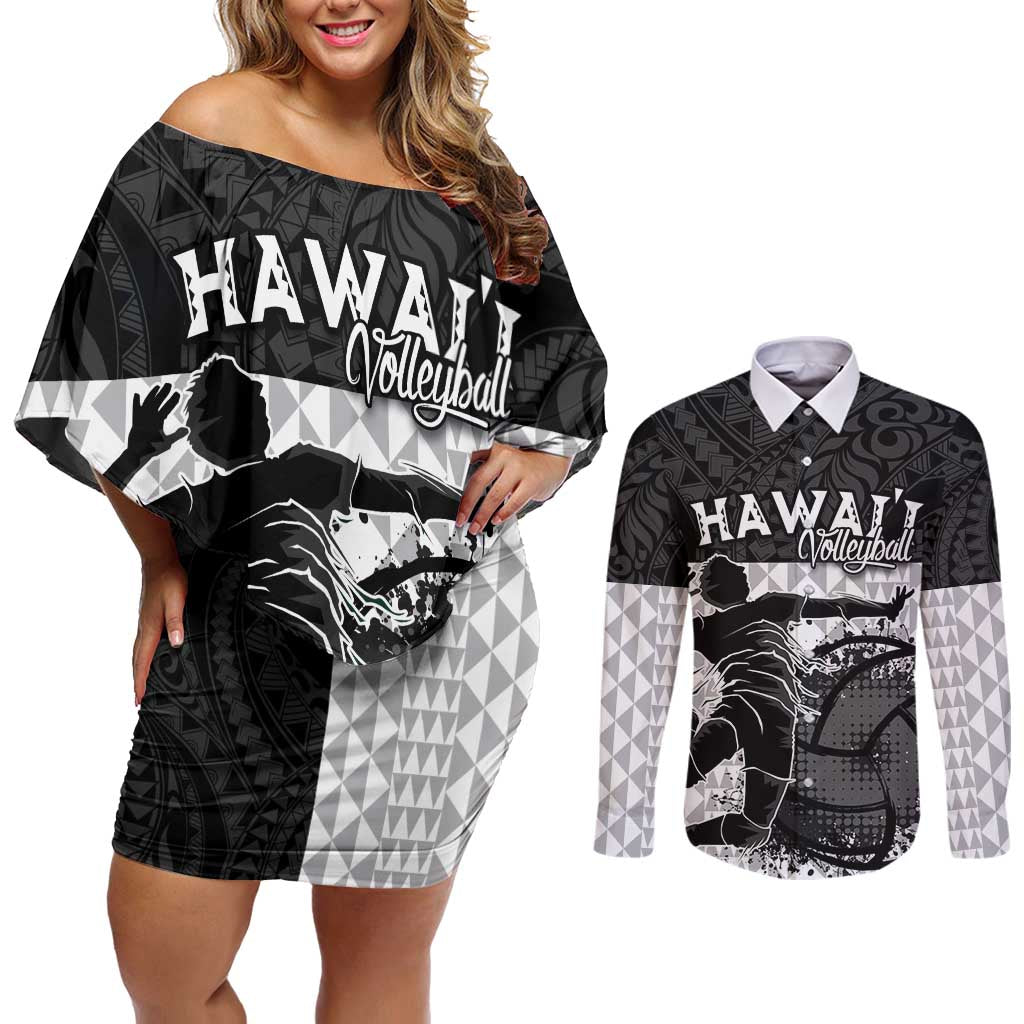 Custom Hawaii Volleyball-Kakau Motif Grayscale Color Couples Matching Off Shoulder Short Dress and Long Sleeve Button Shirt LT03 Black - Polynesian Pride