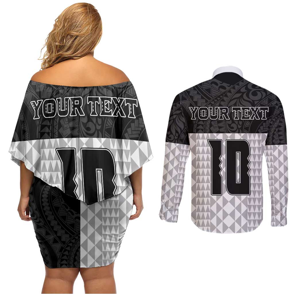 Custom Hawaii Volleyball-Kakau Motif Grayscale Color Couples Matching Off Shoulder Short Dress and Long Sleeve Button Shirt LT03 - Polynesian Pride