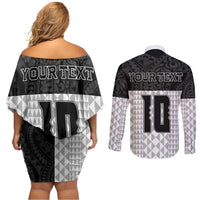 Custom Hawaii Volleyball-Kakau Motif Grayscale Color Couples Matching Off Shoulder Short Dress and Long Sleeve Button Shirt LT03 - Polynesian Pride