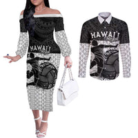 Custom Hawaii Volleyball-Kakau Motif Grayscale Color Couples Matching Off The Shoulder Long Sleeve Dress and Long Sleeve Button Shirt LT03 Black - Polynesian Pride